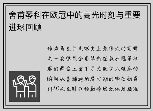 舍甫琴科在欧冠中的高光时刻与重要进球回顾